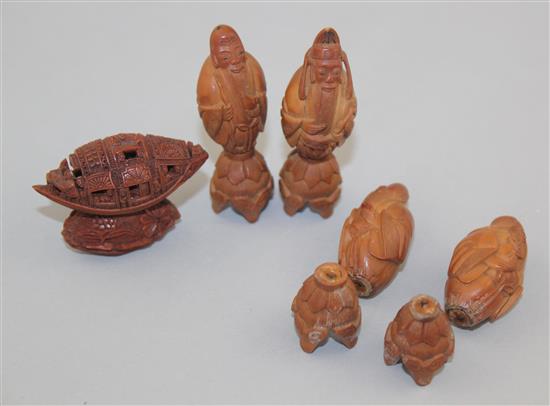 Six Chinese peach stone carvings, first half 20th century, 3.4 - 6cm